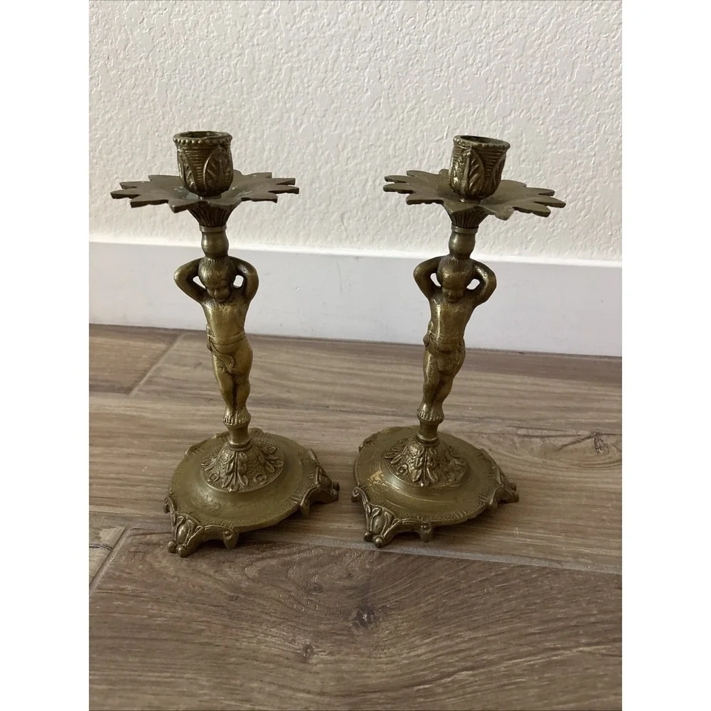 Pair of GORGEOUS Vintage Cherub Candlesticks, Brass 10